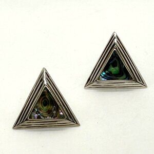 Stainless Steel & Abalone Triangle Stud Earrings Geometric 1980s Design